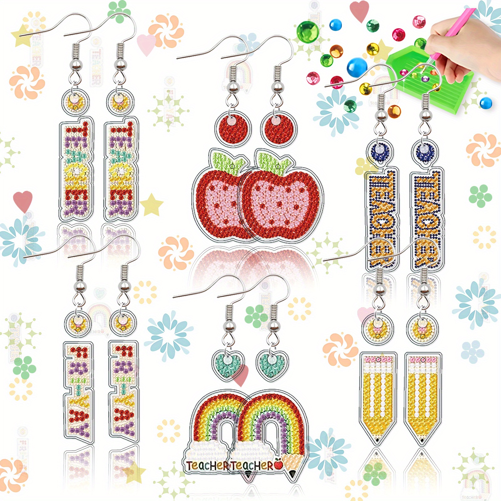 12pcs Letter Pattern Diamond Painting Earrings, Teacher's Day Theme